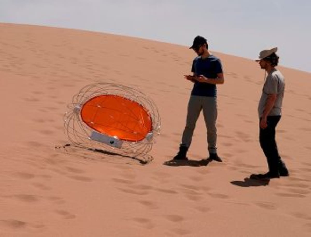 Spherical wind-powered tumbleweed rover being tested in Chile's desert landscape