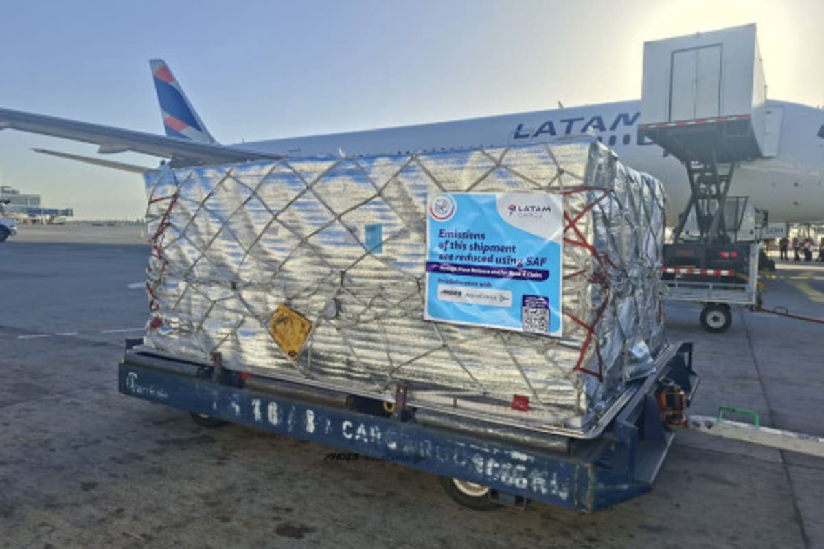 Cargo plane being loaded with fresh Chilean salmon bound for sustainable low-emission flight
