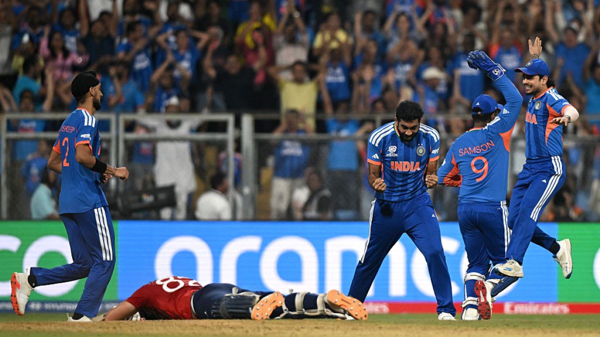 ** Indian cricket team celebrates run-out during T20 World Cup semifinal at Wankhede Stadium Mumbai