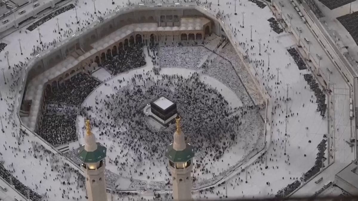 Aerial timelapse view of thousands of pilgrims circling the Kaaba in Mecca's Grand Mosque