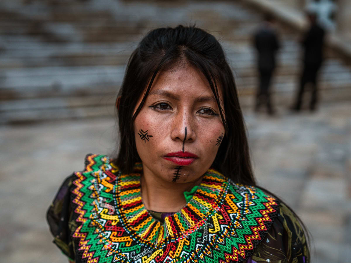 Indigenous Embera leader Claudia Quiragama wearing traditional beadwork at Colombian Senate
