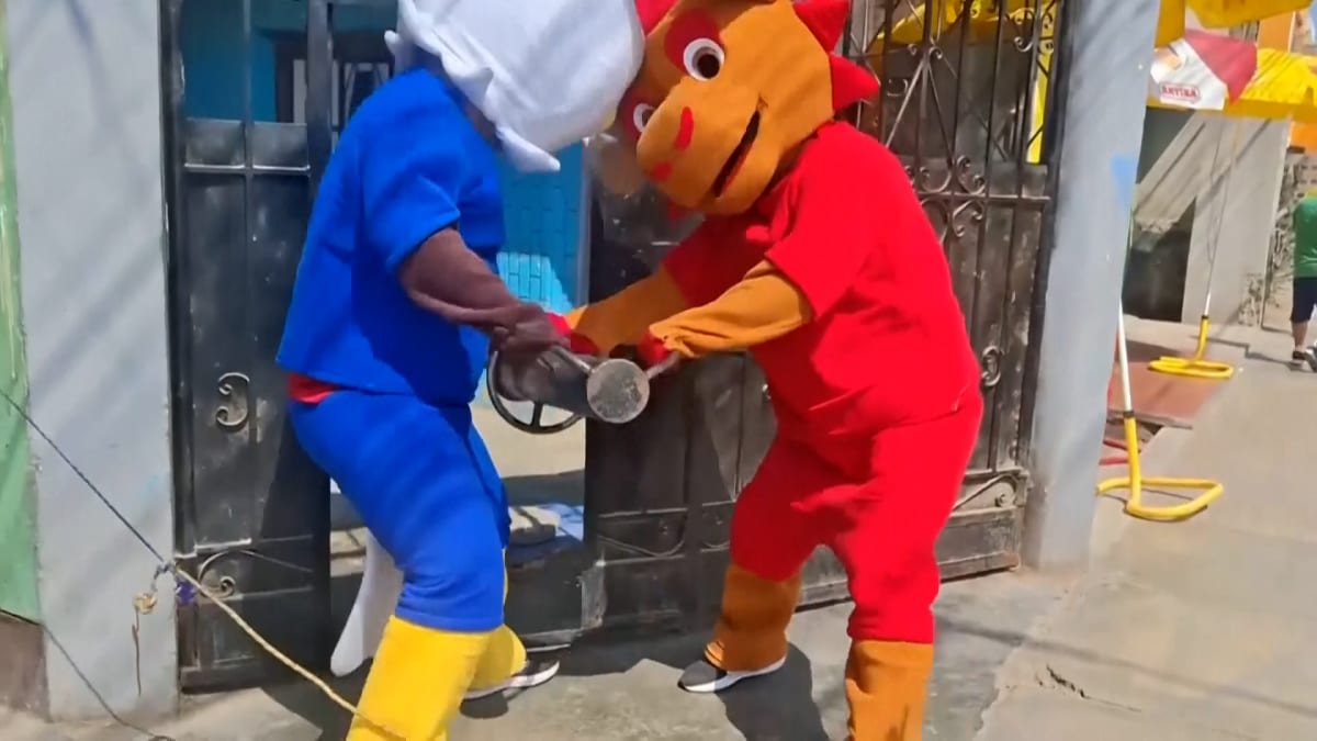 Peruvian police officers wearing colorful World Cup mascot costumes during undercover drug operation