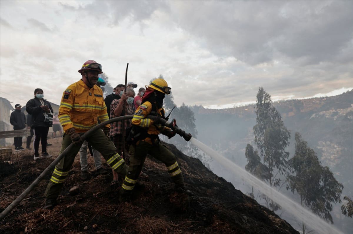 ** Residents and firefighters working together to battle forest fires in Quito Ecuador