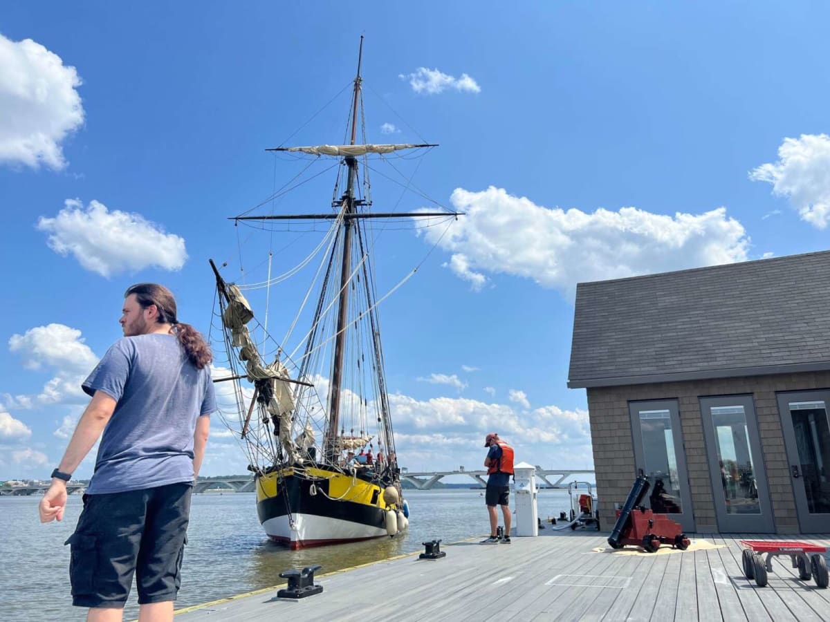 Historic tall ship Providence sailing on Potomac River near Alexandria waterfront