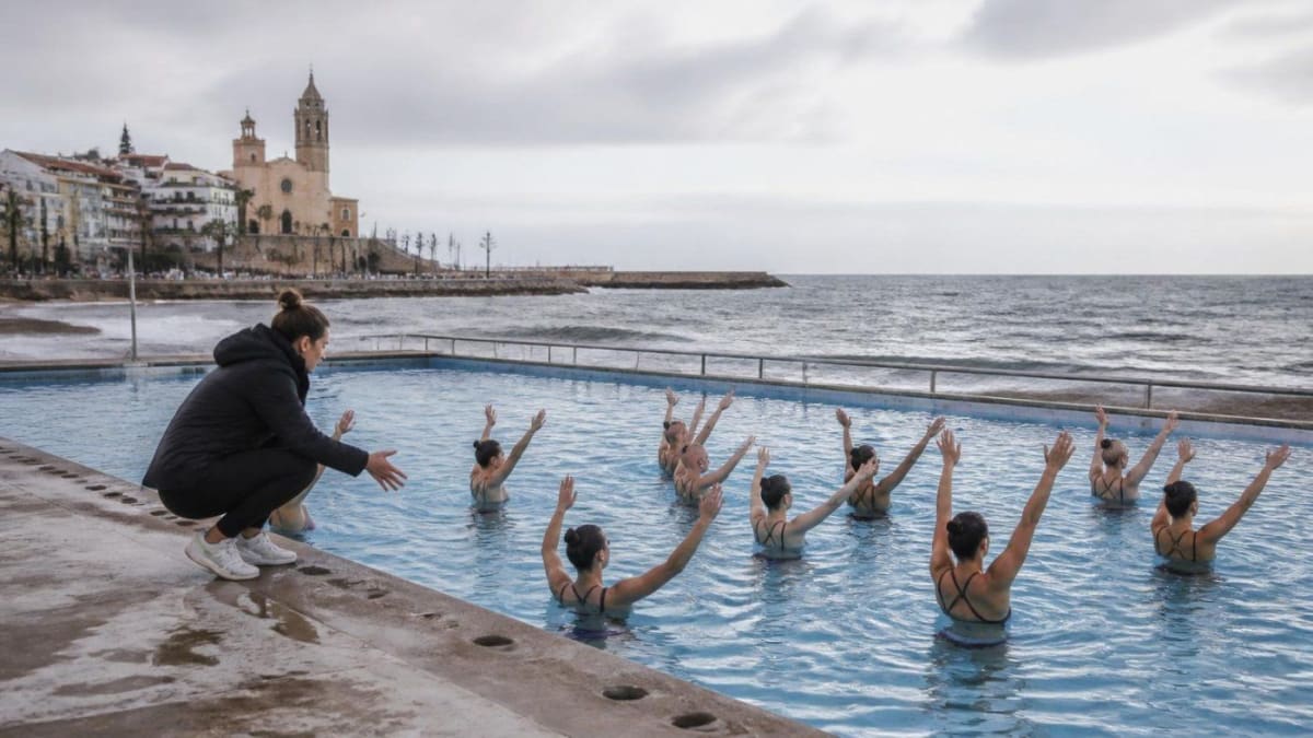 Andrea Fuentes coaching Spanish artistic swimming team during training session in pool