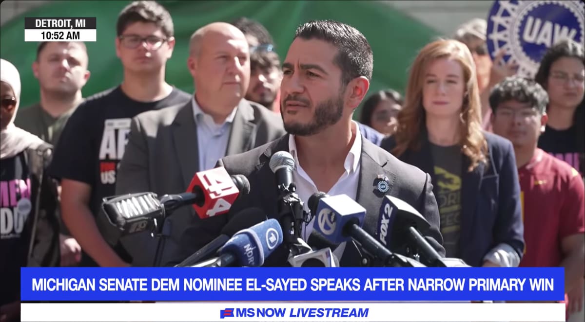 Abdul El-Sayed speaking at campaign event celebrating historic Michigan Senate primary victory