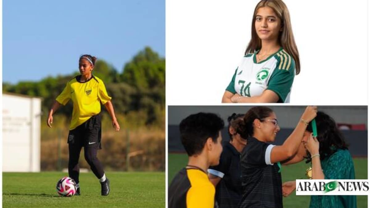 Young Saudi footballer Nadeen Kaaki in action on the pitch during training session