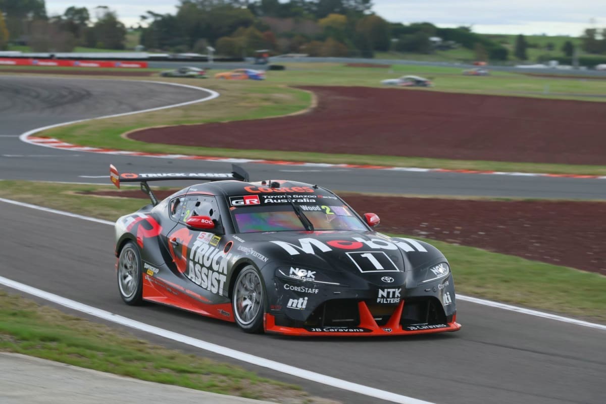 Ryan Wood celebrating in Toyota GR Supra after winning at Taupō Super 440 race