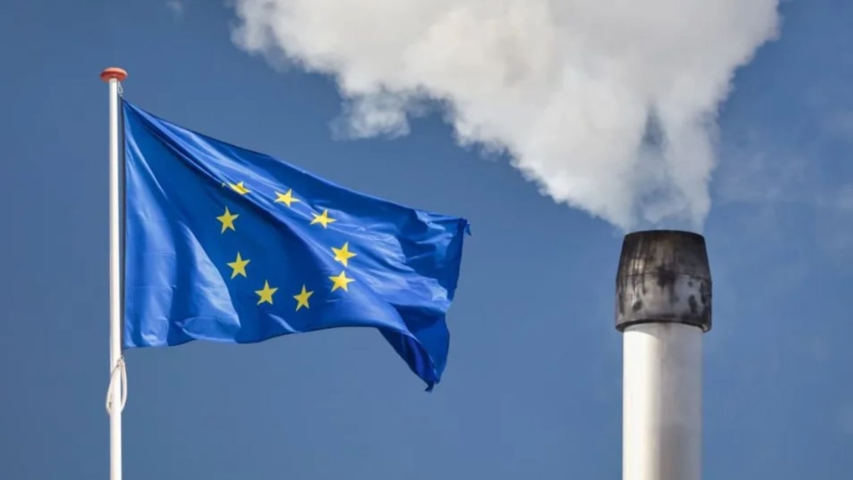 European Union flags flying outside modern government building in Brussels Belgium