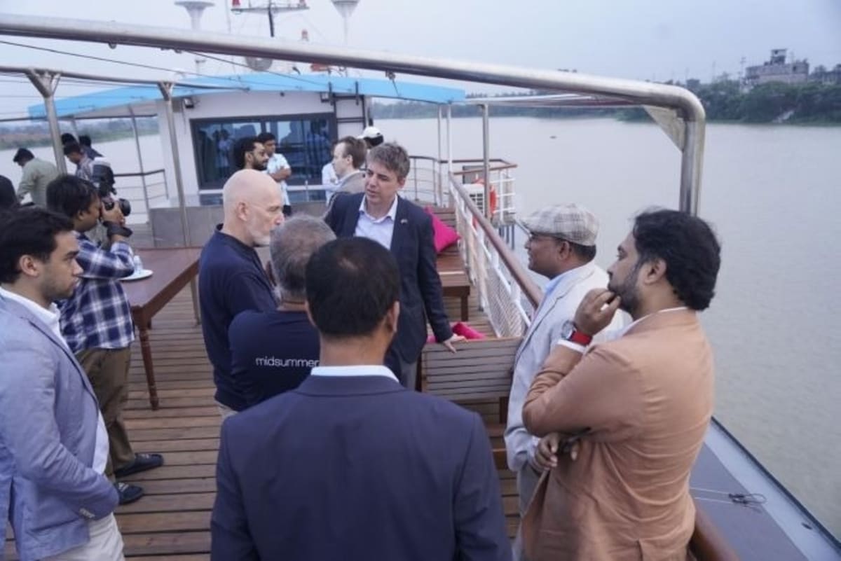 Solar-powered eco-tourism vessel M.V. Malangi equipped with thin-film solar panels on waterways in Bangladesh