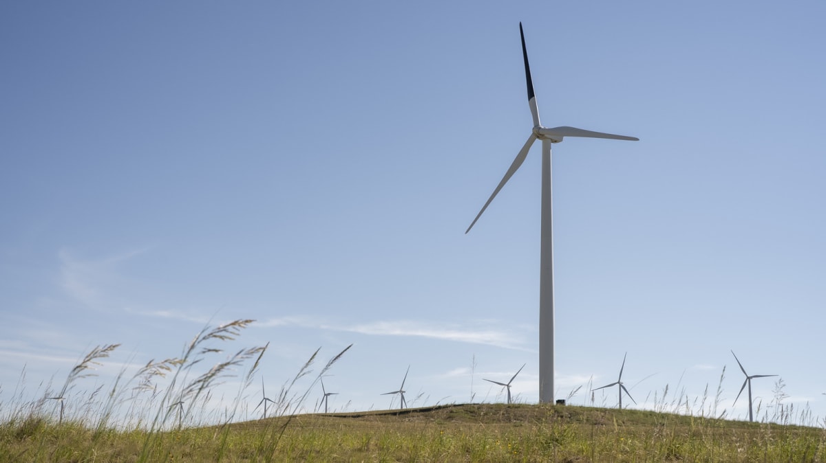 Wind turbine with one black blade against blue sky creating contrast for bird safety