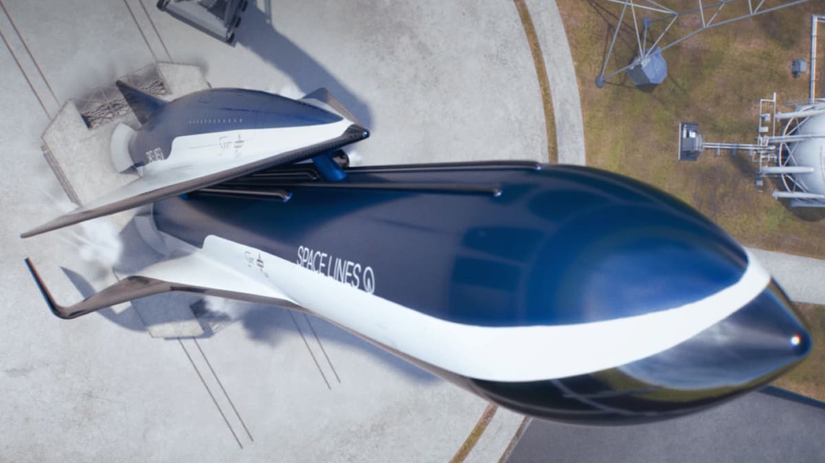 Conceptual rendering of European RLV C5 reusable rocket with wings during atmospheric glide phase