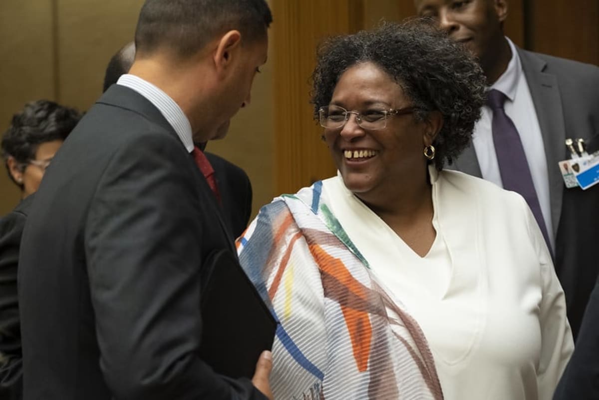 ** Three female world leaders Mia Mottley, Sanna Marin, and Samia Suluhu Hassan at international summits