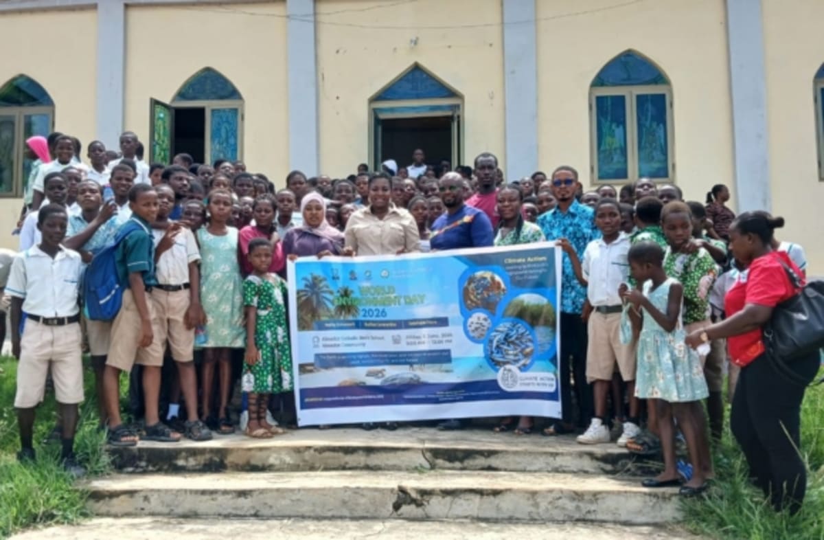 Ghanaian students gathered outdoors for World Environment Day celebration on plastic pollution awareness