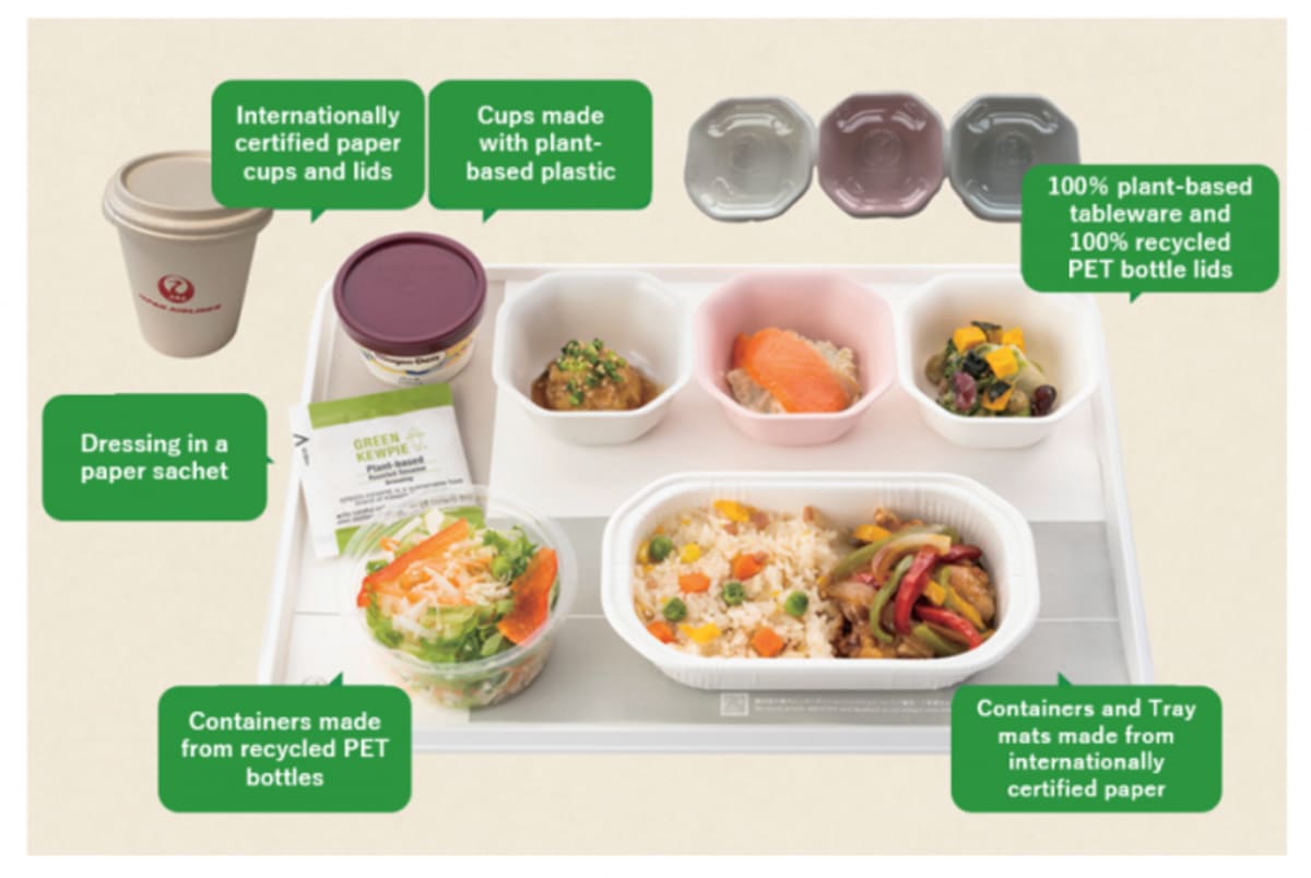 Japan Airlines aircraft on tarmac showing commitment to eliminating single-use plastics from all operations