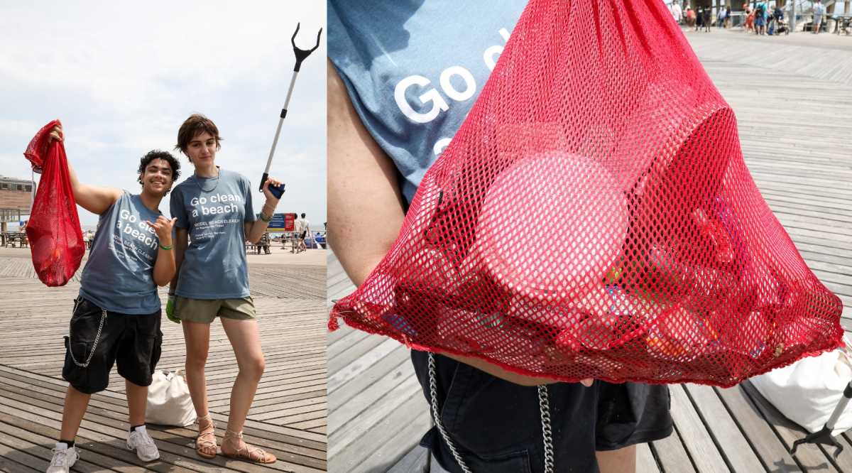 Volunteers collecting trash and debris along Coney Island Beach during Ocean Shell-a-bration cleanup event