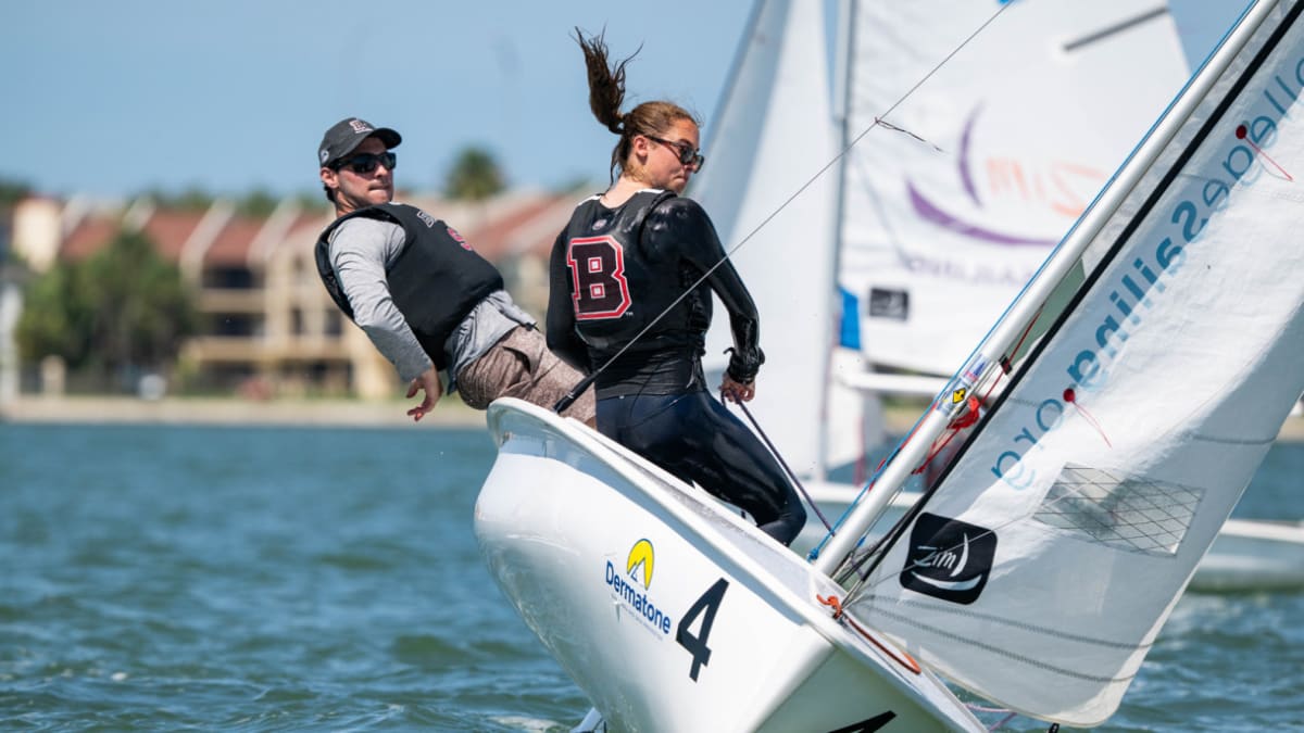 Brown University sailing team competing in boats during national championship race in Florida