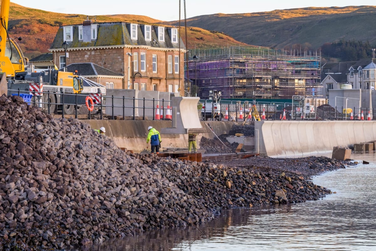 ** Concrete seawall protection along Largs Promenade in Ayrshire, Scotland protecting coastal community