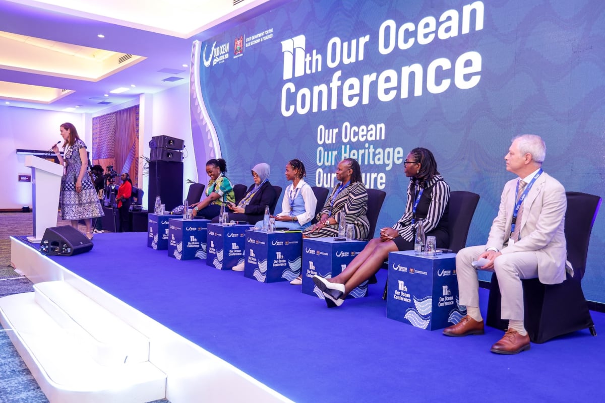 ** Large conference hall filled with delegates at Our Ocean Conference in Mombasa, Kenya