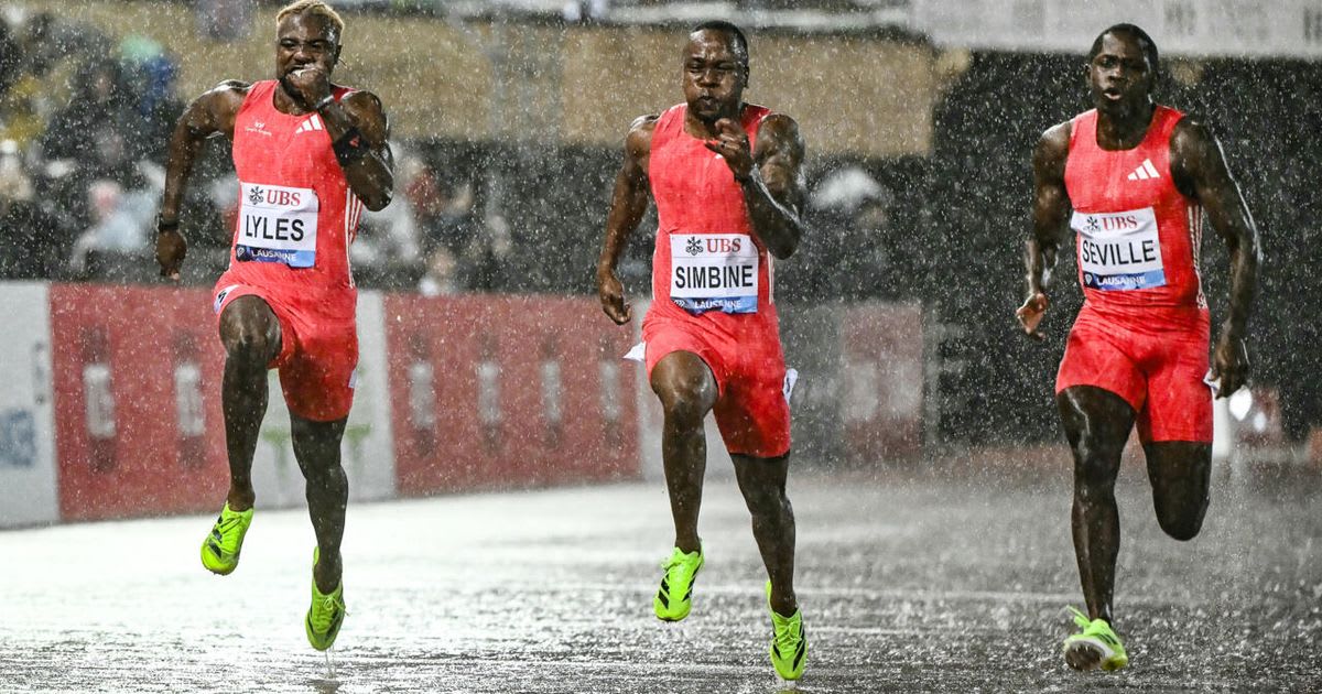 Oblique Seville crossing finish line ahead of eight other sprinters in Silesia Diamond League race