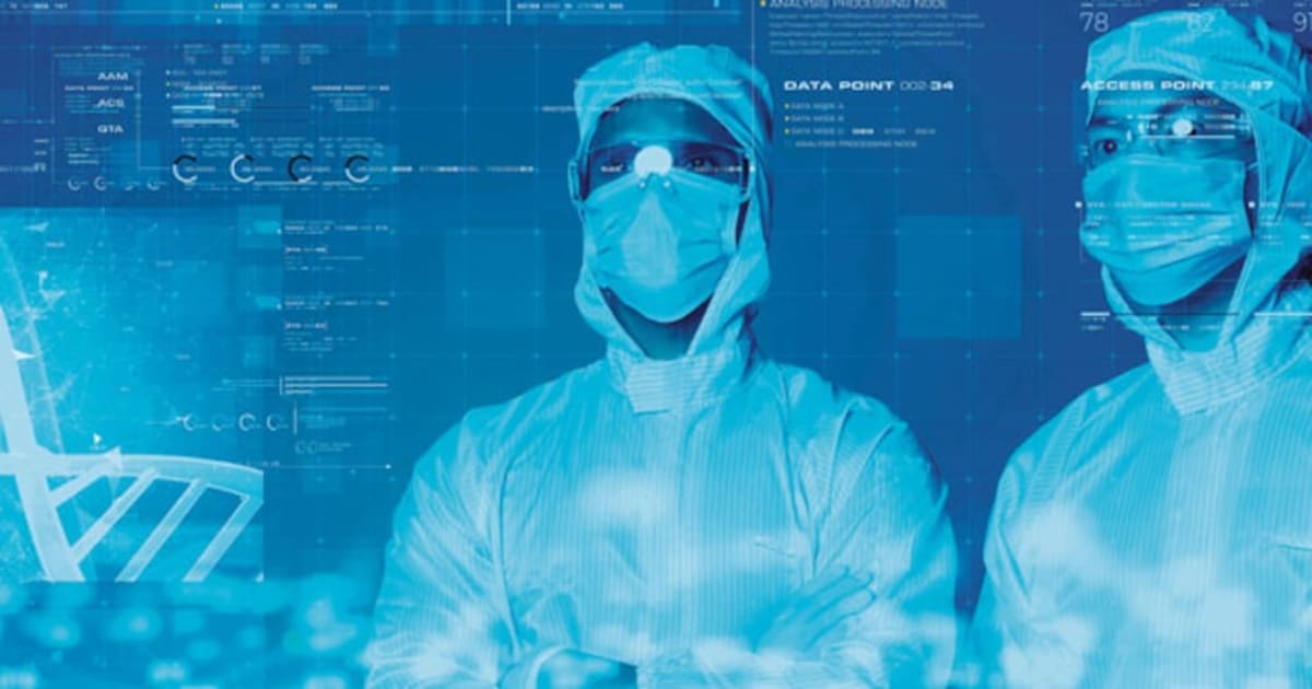 Pharmaceutical researcher reviewing clinical trial data on computer screen in modern laboratory setting