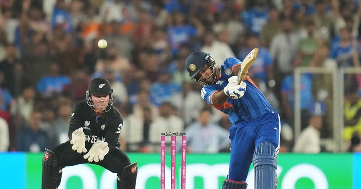 Sanju Samson hitting a boundary during India's T20 World Cup cricket final victory