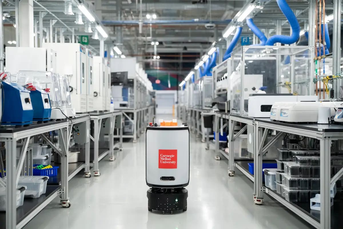 Robotic laboratory equipment and AI systems working together in Carnegie Mellon's automated science facility