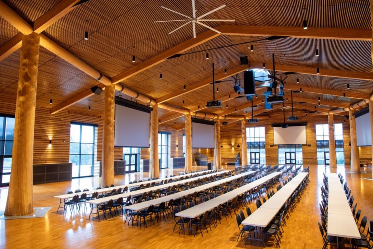 Interior of Tulalip Tribes Gathering Hall with wooden architecture and traditional cultural elements