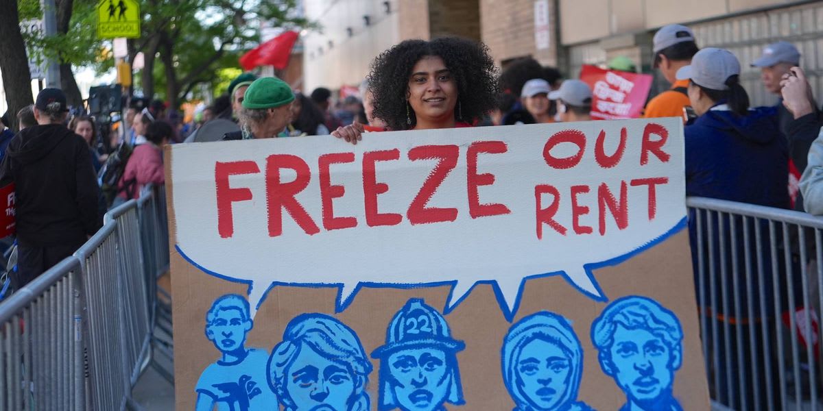 ** Celebrating tenants gather outside El Museo del Barrio after NYC rent freeze approval