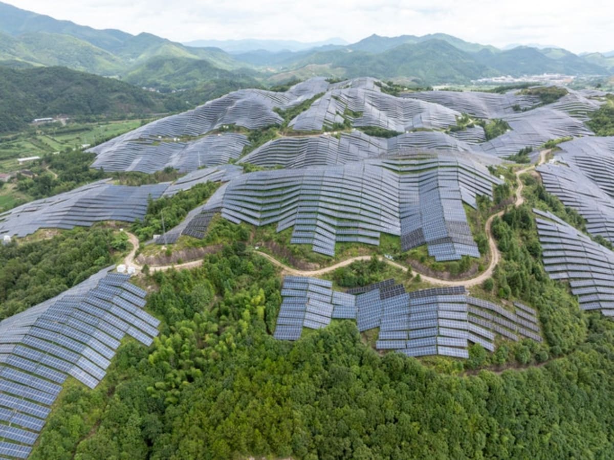 Solar panels stretching across landscape under bright blue sky generating clean renewable energy