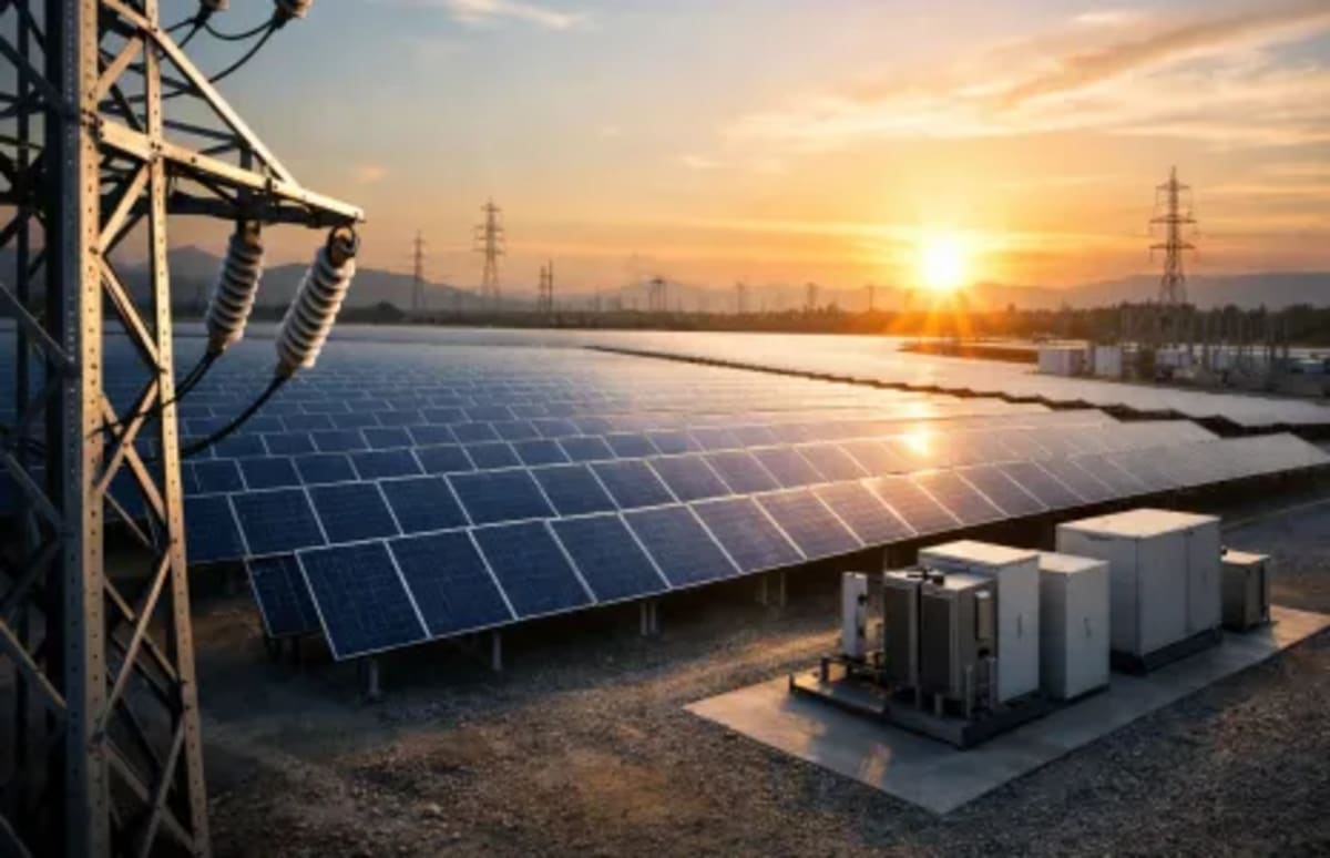 Vast solar panel arrays stretching across landscape generating clean renewable electricity