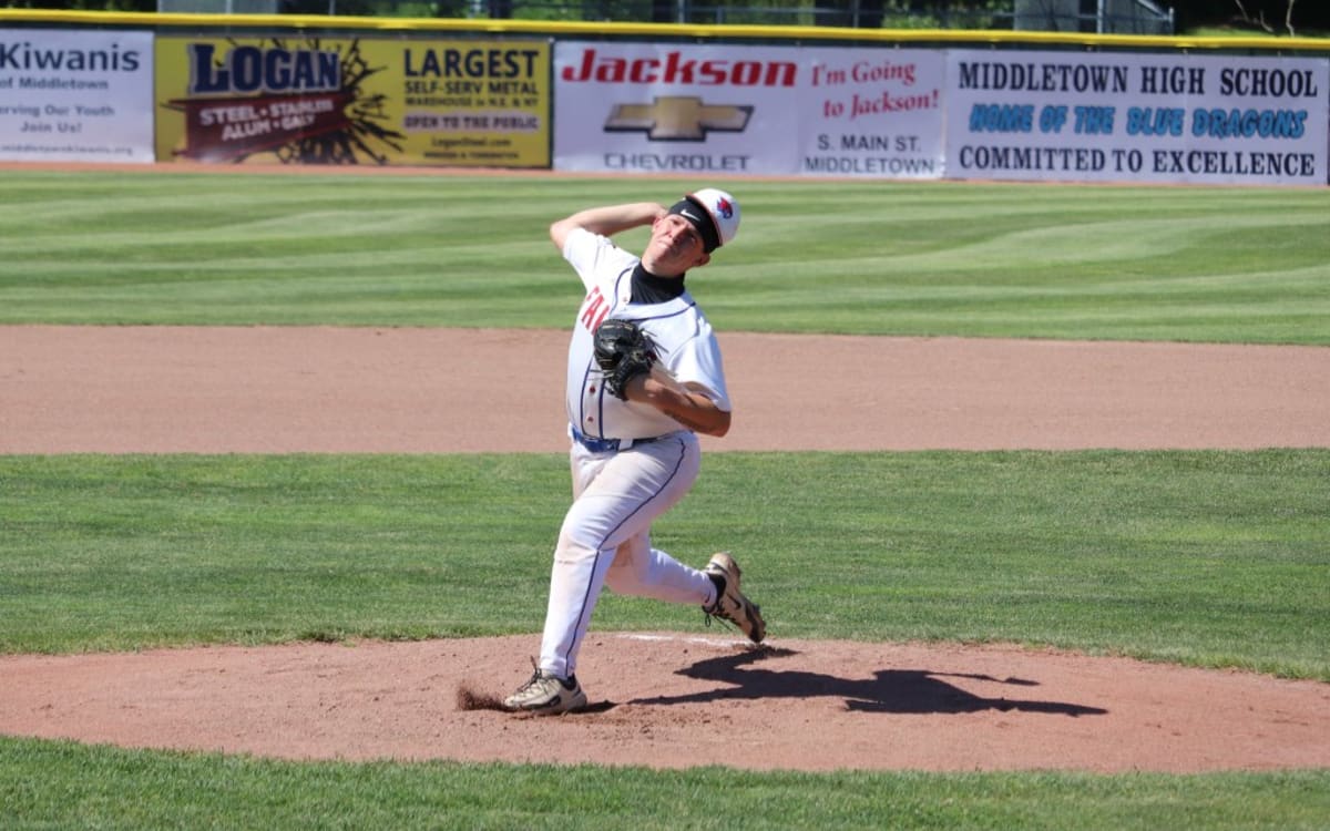 St. Paul Falcons baseball player Dom Napoletano pitching during Class S semifinal game at Palmer Field