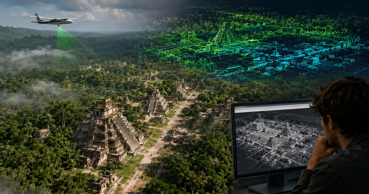 Digital LiDAR map showing ancient Mayan pyramid structures hidden beneath jungle canopy in Mexico