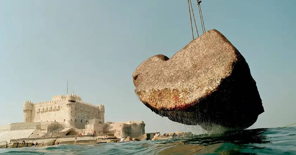 Massive ancient stone blocks being recovered from Mediterranean seabed near Alexandria Egypt