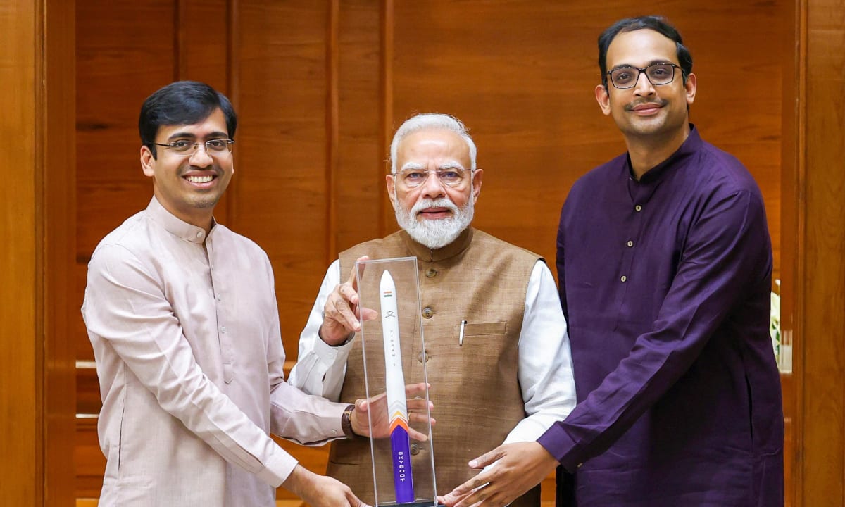 Skyroot Aerospace founders presenting their Vikram-1 rocket technology to Indian Prime Minister
