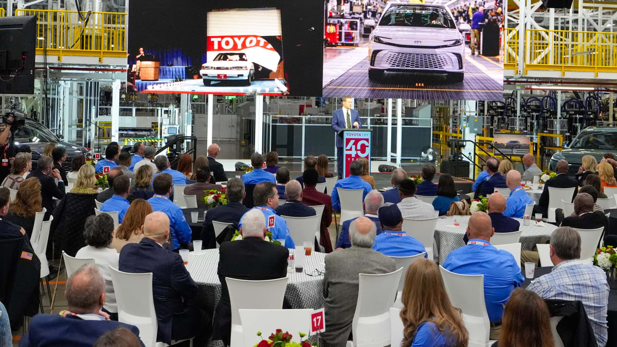 Toyota's new electric vehicle on display at Georgetown Kentucky assembly plant manufacturing facility