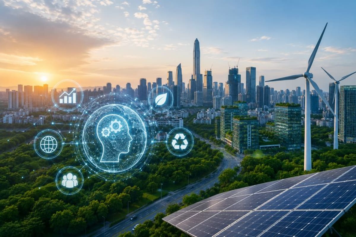 Digital network visualization showing artificial intelligence connecting green energy and economic growth symbols