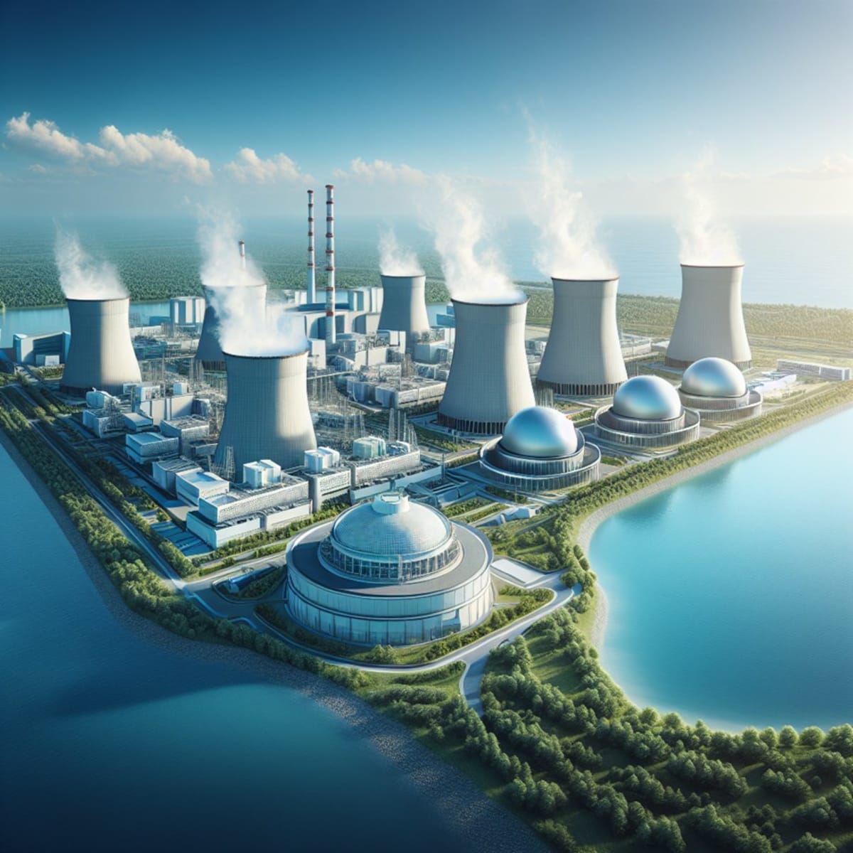 Modern nuclear power plant cooling towers against clear blue sky representing clean energy future