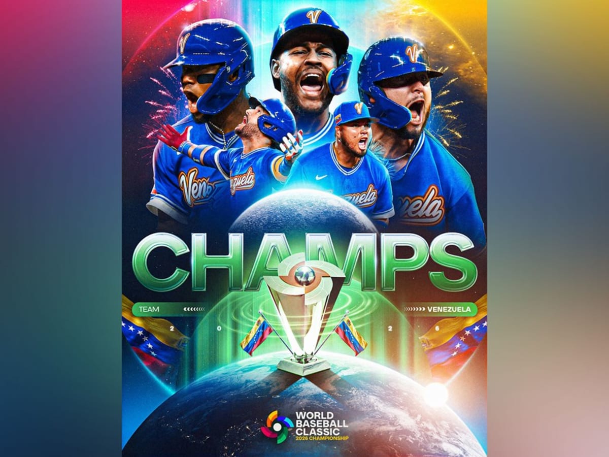 Venezuelan baseball players celebrating together on field after winning World Baseball Classic championship