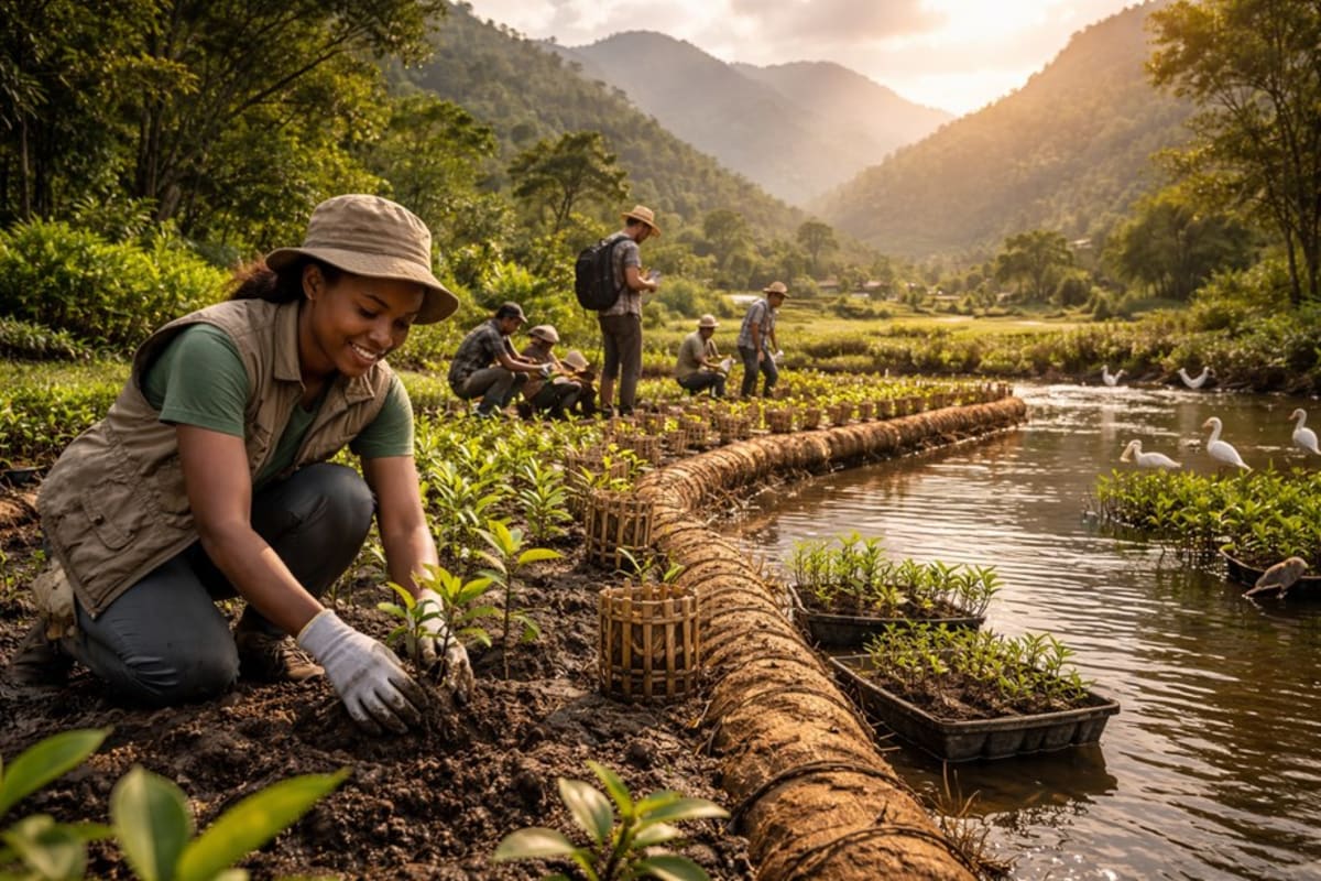 Lush green wetland ecosystem with water and native plants protecting coastal community