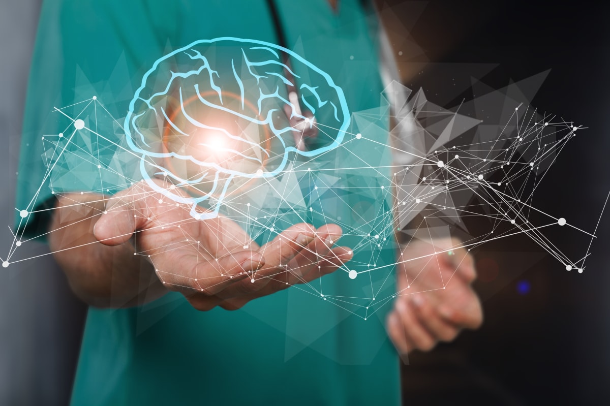 Medical researcher examining brain scan images and protein samples in modern laboratory setting