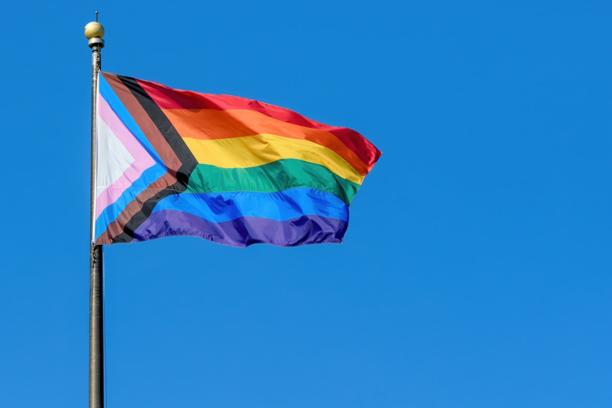 Crowd holding rainbow flags gathered in front of Dutch municipal building at evening protest