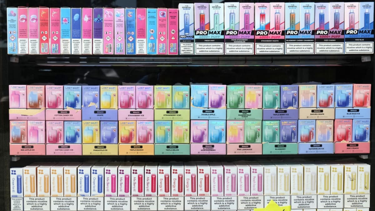 Dutch health inspectors examining seized illegal vaping products and nicotine pouches in storage facility