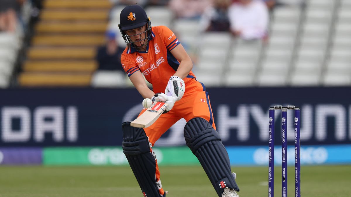 Dutch cricket captain Babette de Leede playing a scoop shot during T20 World Cup debut