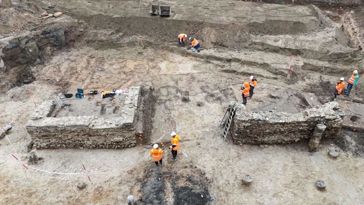 Ancient stone foundations of Roman bathhouse hypocaust heating system excavated in Nijmegen, Netherlands