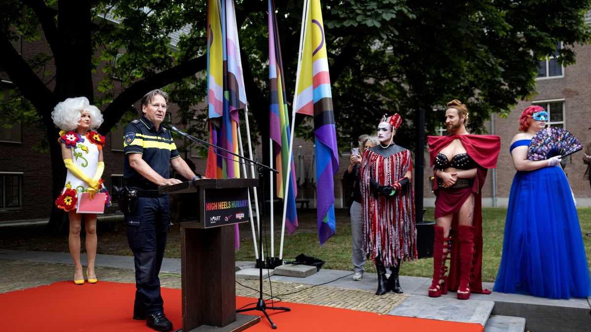 Drag performers arriving by boat at Amsterdam museum for WorldPride opening ceremony