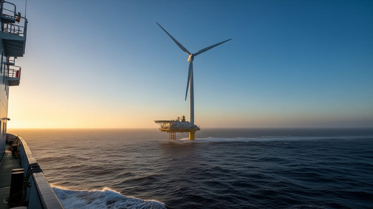 Massive floating wind turbine platform rising from ocean waters off Chinese coast