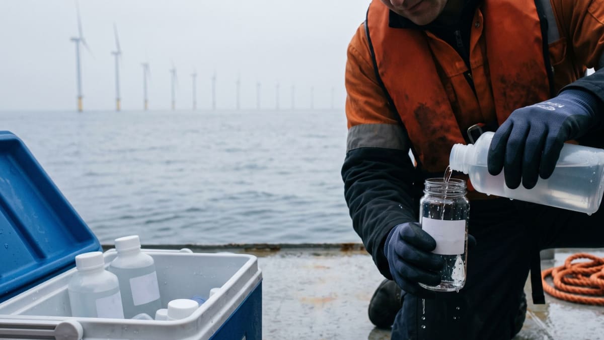 Offshore wind turbines standing in gray North Sea waters creating protected marine habitat