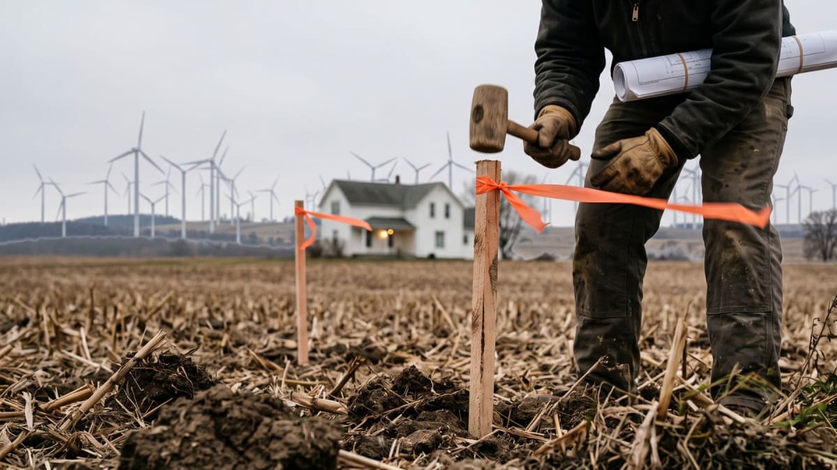 Wind turbines spinning in rural farmland with homes visible in the distance