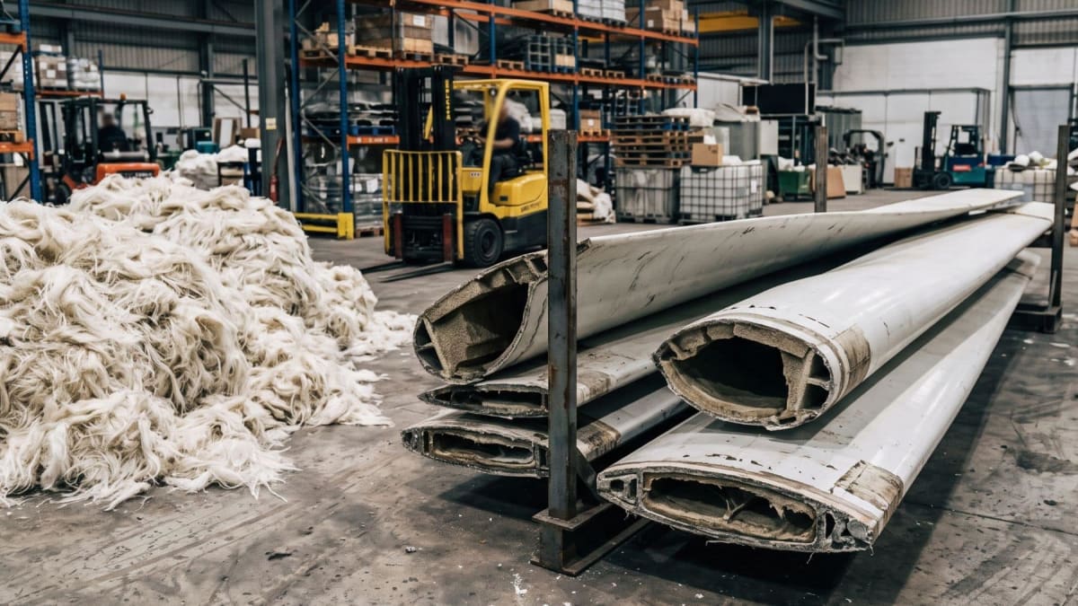 Large white wind turbine blade being processed for glass fiber recovery at recycling facility